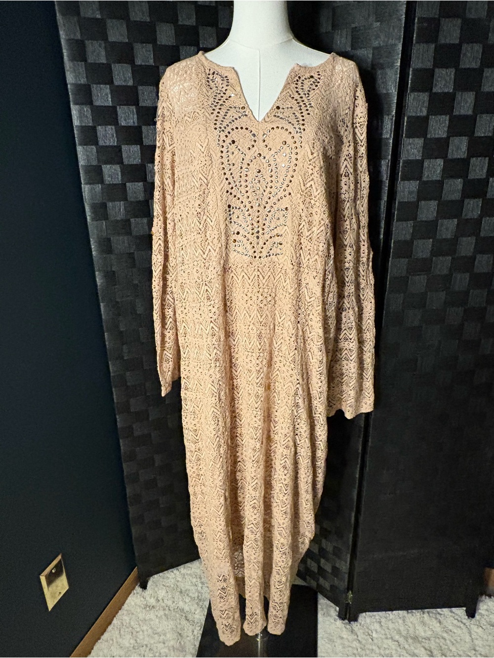 Denim 24/7 Boho Crochet Long Sleeve Maxi Tan Dress